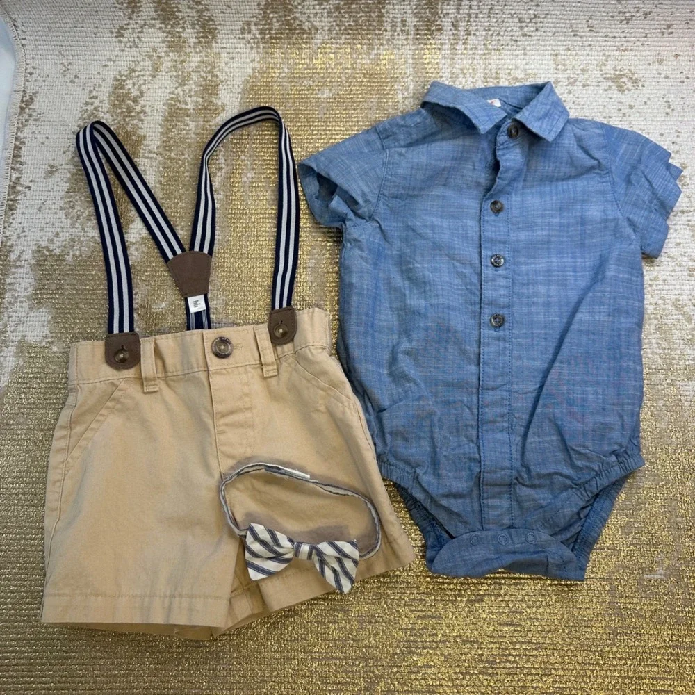 CAT & JACK Baby Boys Chambray Blue/Khaki Suspender Bow Tie Shorts Outfit 18M - Picture 6 of 7